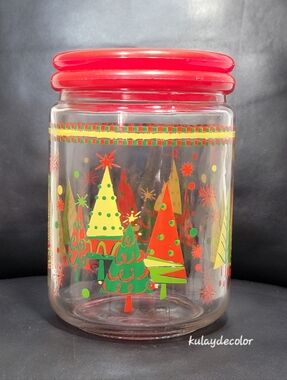 Vintage Christmas Glass Cookie Jar Red Lid Holiday Tree Canister Storage MCM